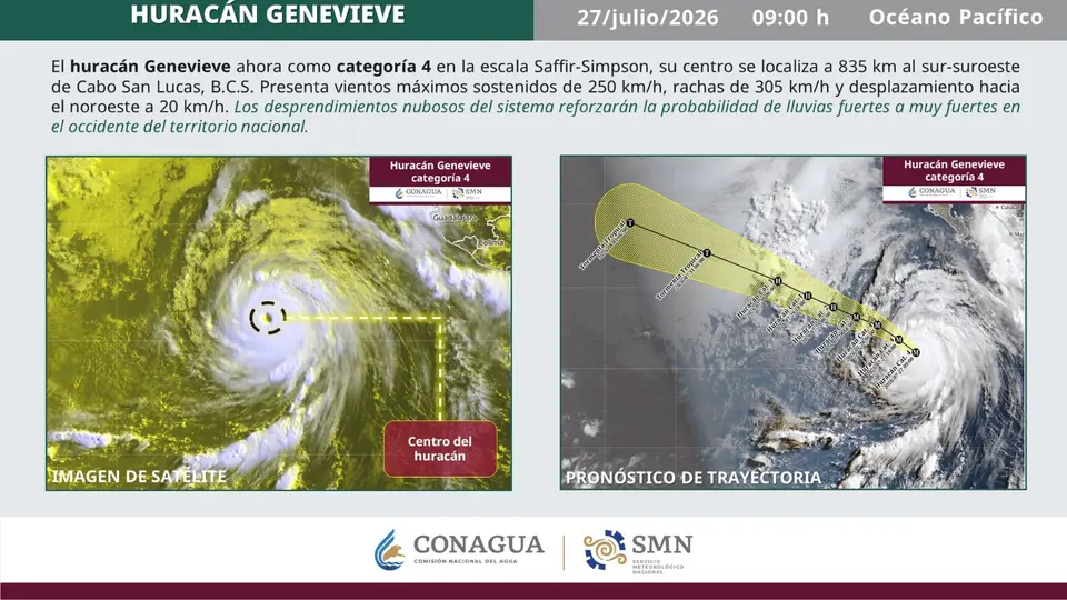 Las bandas nubosas de Genevieve incrementarán el potencial de lluvias, con riesgo de deslaves, inundaciones y crecidas de ríos en distintas regiones de México./ X: @conagua_clima