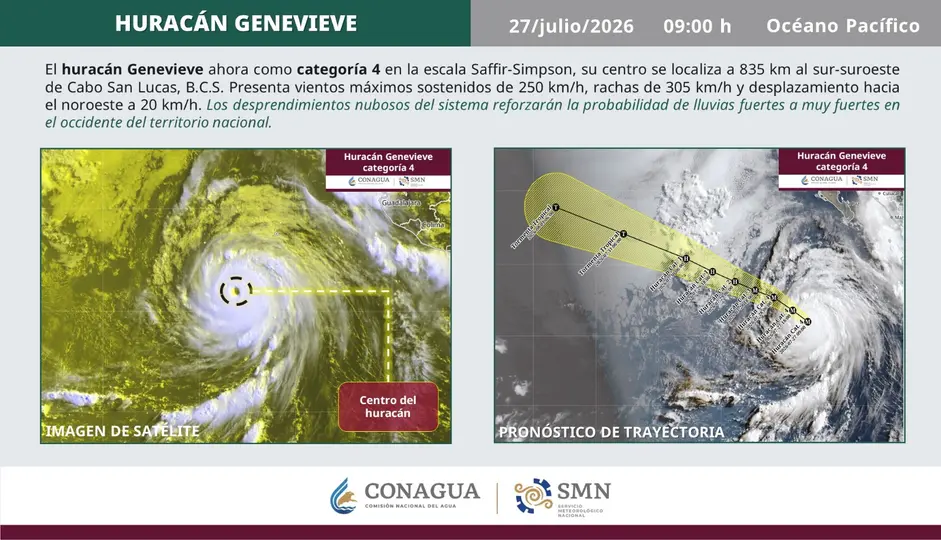 Las bandas nubosas de Genevieve incrementarán el potencial de lluvias, con riesgo de deslaves, inundaciones y crecidas de ríos en distintas regiones de México./ X: @conagua_clima
