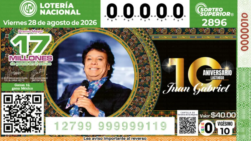 La Lotería Nacional dedicó un billete conmemorativo a Juan Gabriel por el décimo aniversario de su fallecimiento. / Lotería Nacional