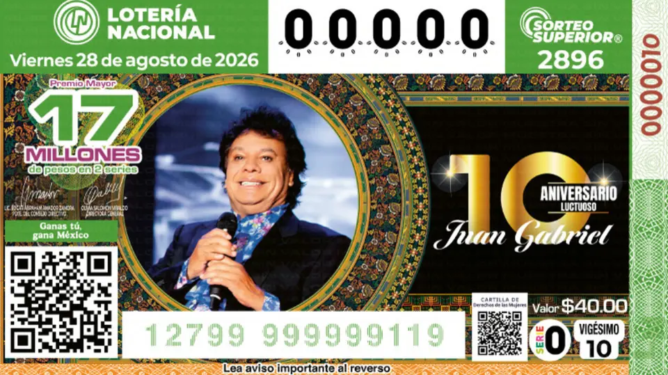 La Lotería Nacional dedicó un billete conmemorativo a Juan Gabriel por el décimo aniversario de su fallecimiento. / Lotería Nacional