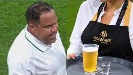 ¿Agua? Leyendas de Real Madrid y Werder Bremen se hidratan con cerveza en pleno partido