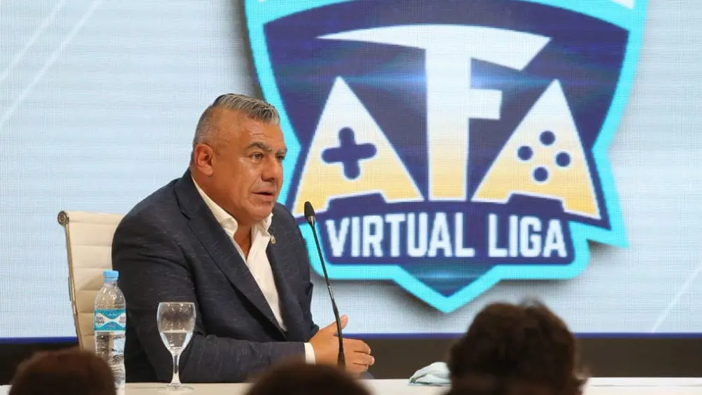 El presidente de la AFA, Claudio Tapia, durante la presentación de la Virtual Liga | TWITTER @afa