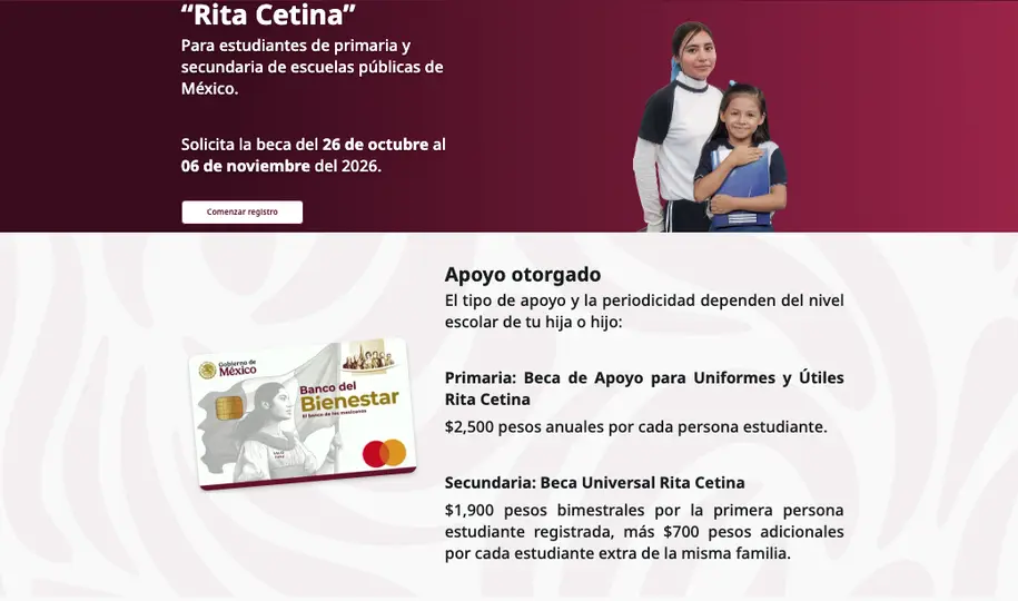 La Beca Rita Cetina abrió un nuevo periodo de registro del 26 de octubre al 6 de noviembre de 2026 para estudiantes de primaria y secundaria públicas./@gobiernocdmx