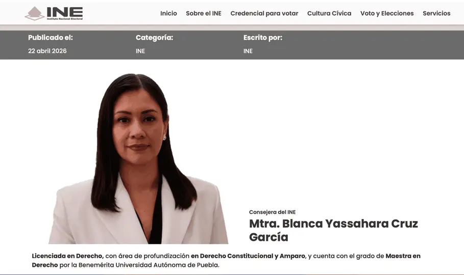 Blanca Cruz García presidió el Instituto Electoral del Estado de Puebla antes de incorporarse al Consejo General del INE./ Captura de pantalla INE