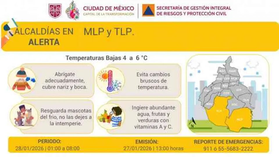 La alerta amarilla se activó en seis alcaldías de la CDMX ante el pronóstico de temperaturas de hasta 4 grados Celsius./ X