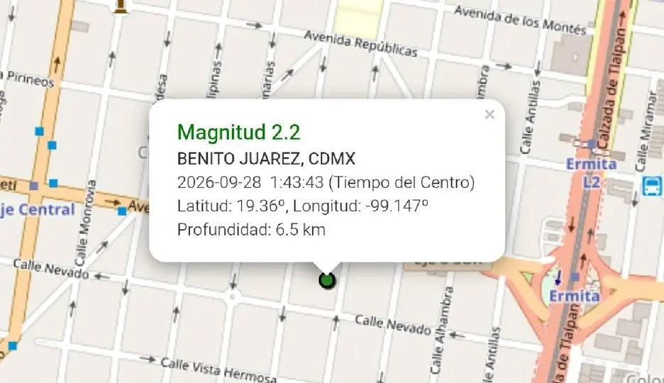 El epicentro fue reportado en la alcaldía Benito Juárez, CDMX / Captura de pantalla