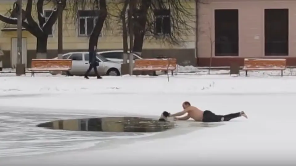 Ruso conmueve al salvar a perro atrapado