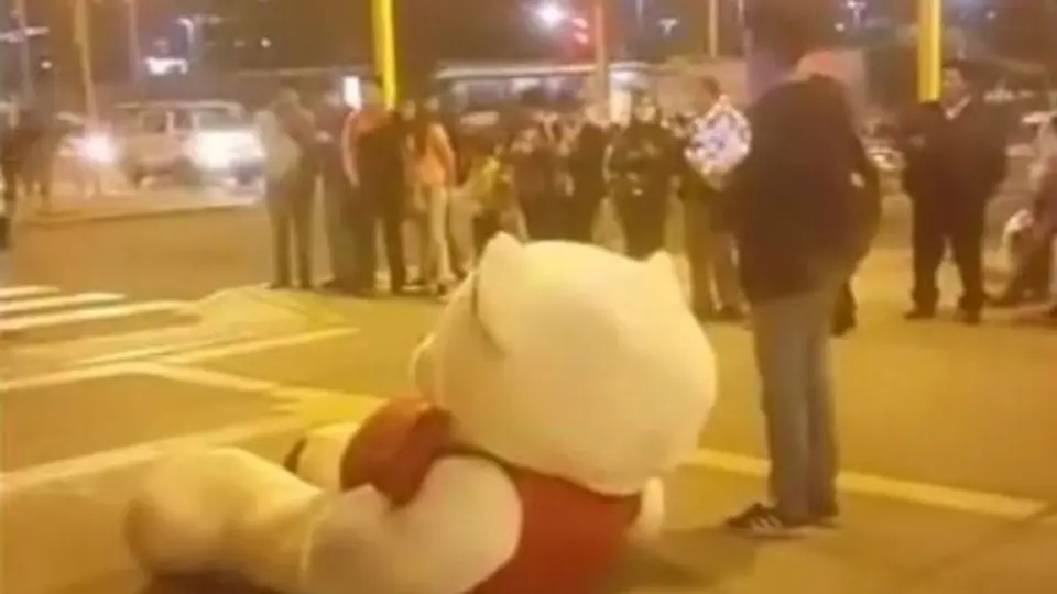 Joven y peluche gigante esperan a novia por horas