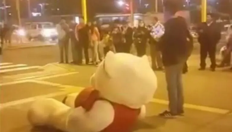 Joven y peluche gigante esperan a novia por horas