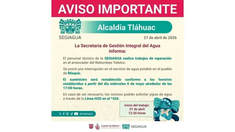 Trabajos en sistemas de bombeo provocan cortes de agua en varias alcaldías de la Ciudad de México./ X: @SEGIAGUA