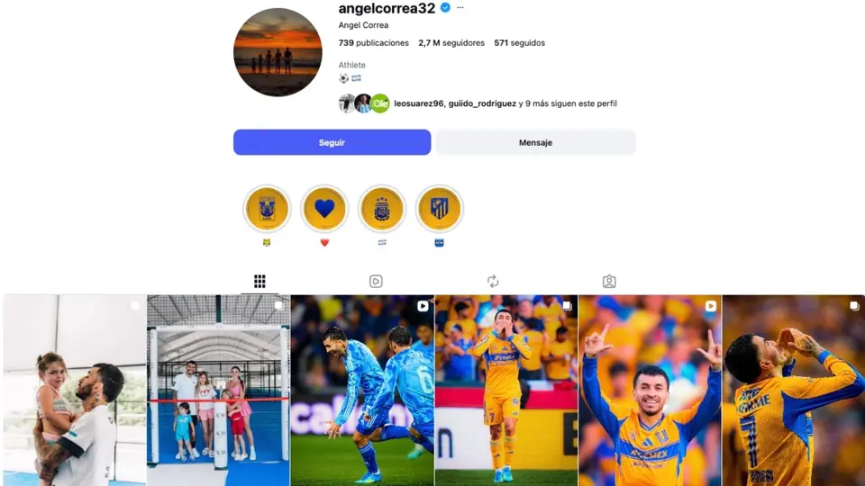 Ángel Correa ya no tiene en su perfil que es jugador de Tigres | CAPTURA DE PANTALLA INSTAGRAM