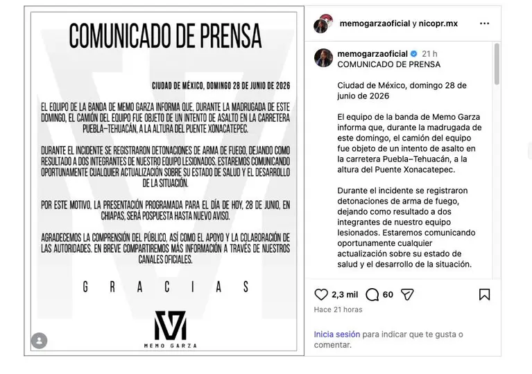 El exvocalista de La Adictiva aseguró que el ataque no fue dirigido en su contra y pidió reforzar la seguridad en las carreteras del país./ IG