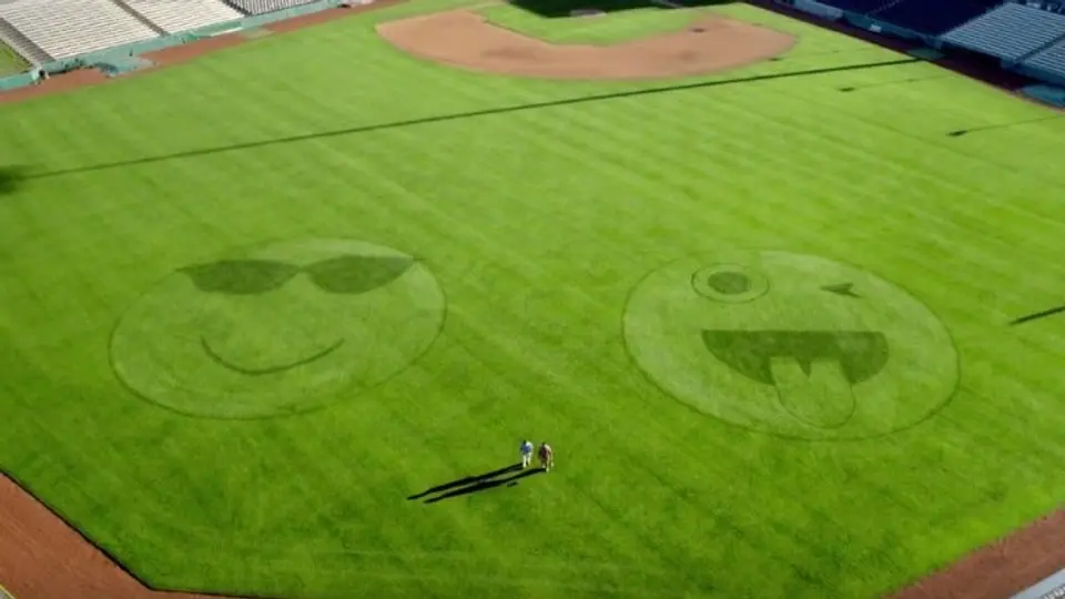 Guerra de emojis sobre pasto en estadio de beisbol