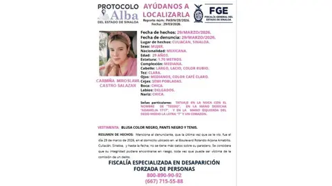La Fiscalía emitió una ficha de búsqueda para tratar de dar con el paradero de la mujer/Fiscalía de Sinaloa