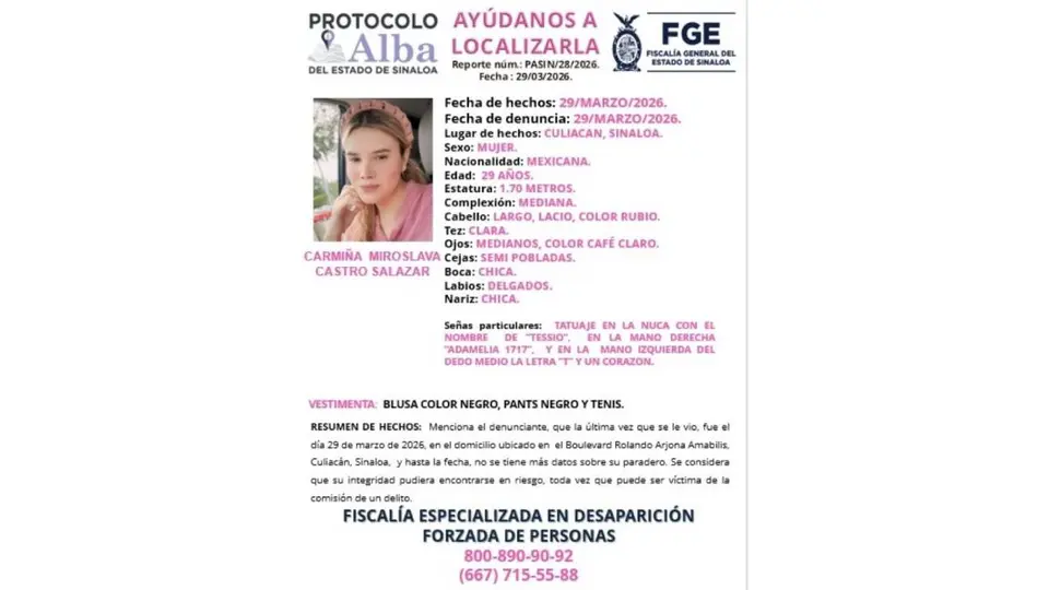 La Fiscalía emitió una ficha de búsqueda para tratar de dar con el paradero de la mujer/Fiscalía de Sinaloa