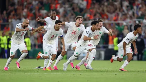 Marruecos, en festejo tras la victoria ante Países Bajos | AP