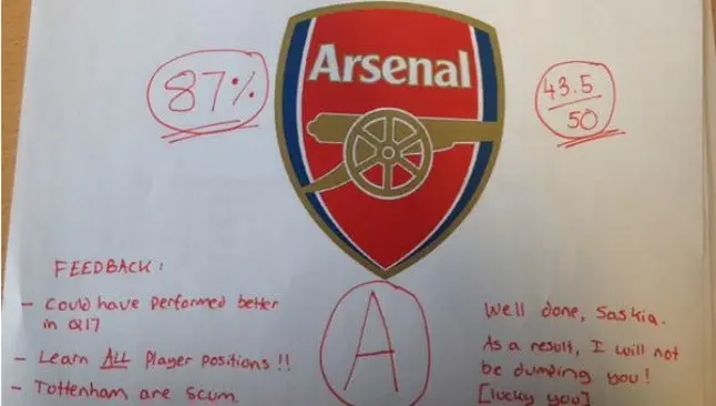 Mujer hace examen sobre Arsenal para salvar su relación
