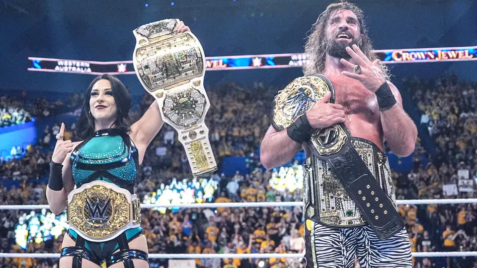 Stephanie Vaquer y Seth Rollins como campeones Crown Jewel | wwe.com
