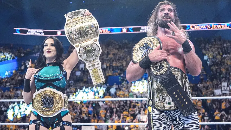 Stephanie Vaquer y Seth Rollins como campeones Crown Jewel | wwe.com