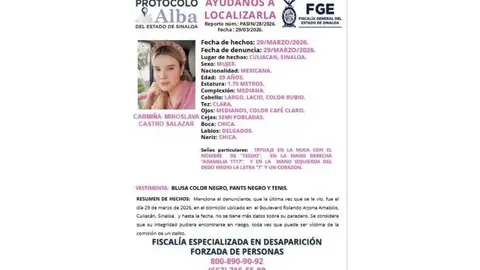 La Fiscalía de Sinaloa confirmó que Carmiña Castro fue hallada en buen estado de salud./ FGE