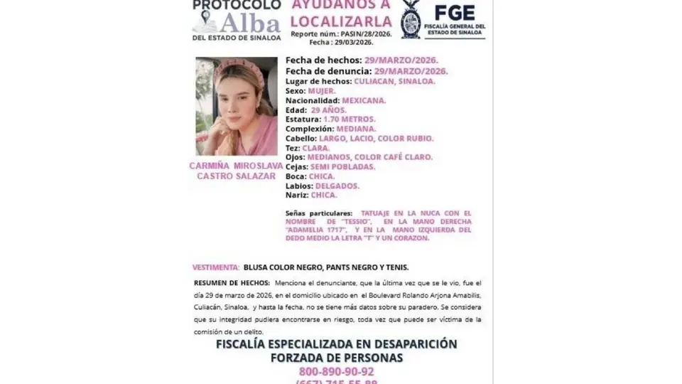 La Fiscalía de Sinaloa confirmó que Carmiña Castro fue hallada en buen estado de salud./ FGE