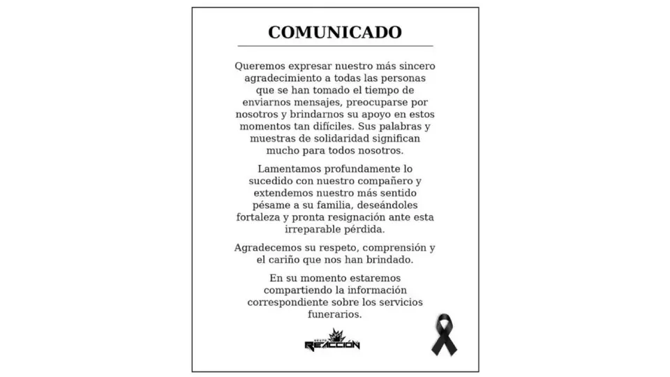 Grupo Reacción rompió el silencio tras la muerte de su vocalista./ IG: @gruporeaccionoficial