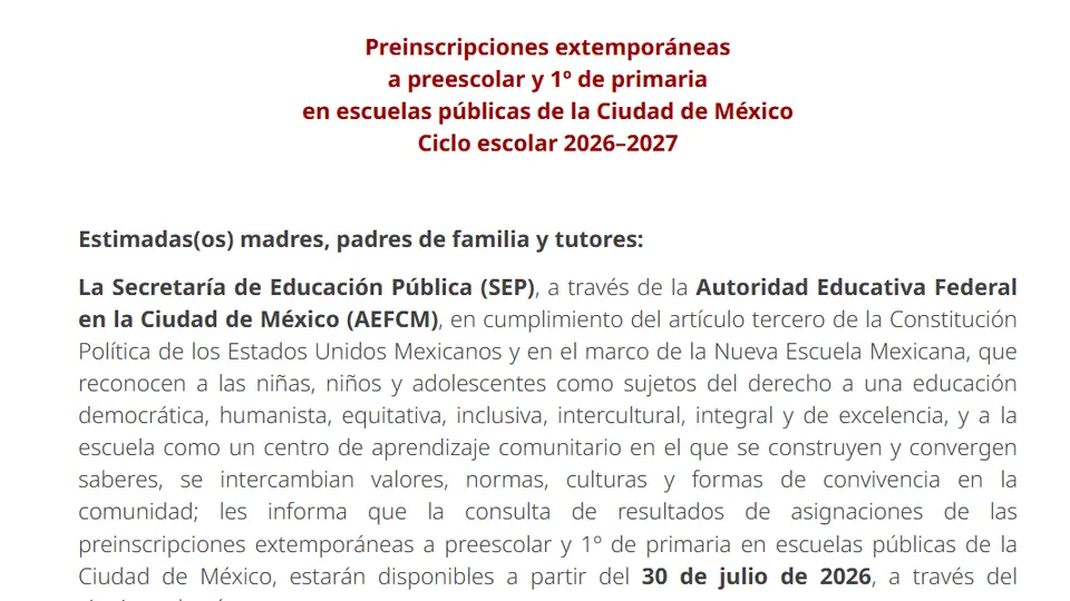 La asignación de planteles dependerá de la disponibilidad de espacios en cada escuela para el ciclo escolar 2026-2027./ Gobierno de México