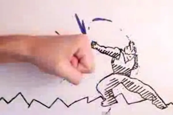 Enfrentamiento entre una mano y un dibujo animado