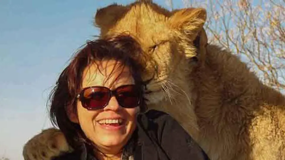 Leona 'abraza' a turista para la foto