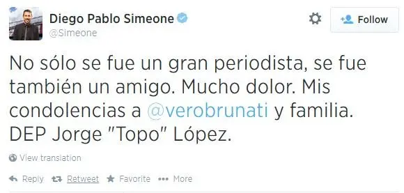 Mujer se entera de la muerte de su esposo por tuit de Simeone