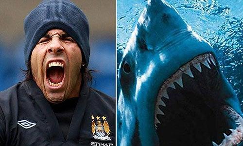 Por la similitud en su grande boca, Carlos Tévez y 'Tiburón', fueron comparados | ESPECIAL