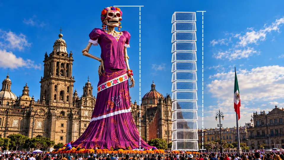 La escultura de Día de Muertos supera los 33 metros de altura, casi lo mismo que 14 porterías de futbol colocadas una sobre otra. / IA