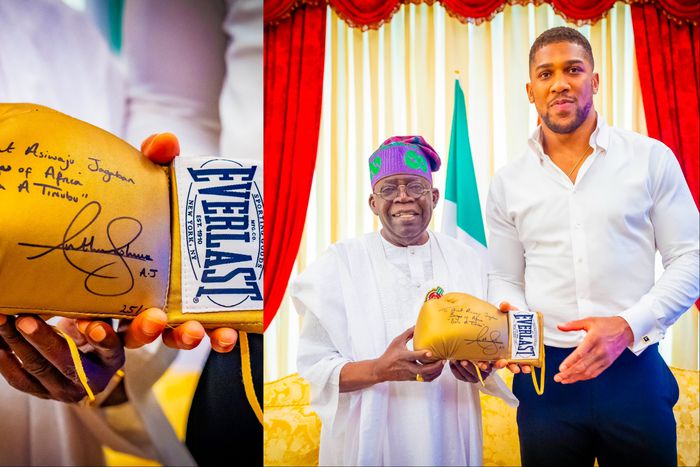 Nigerian-born boxer Anthony Joshua visits President Bola Ahmed Tinubu to gift Jagaban 'Gold' gloves.