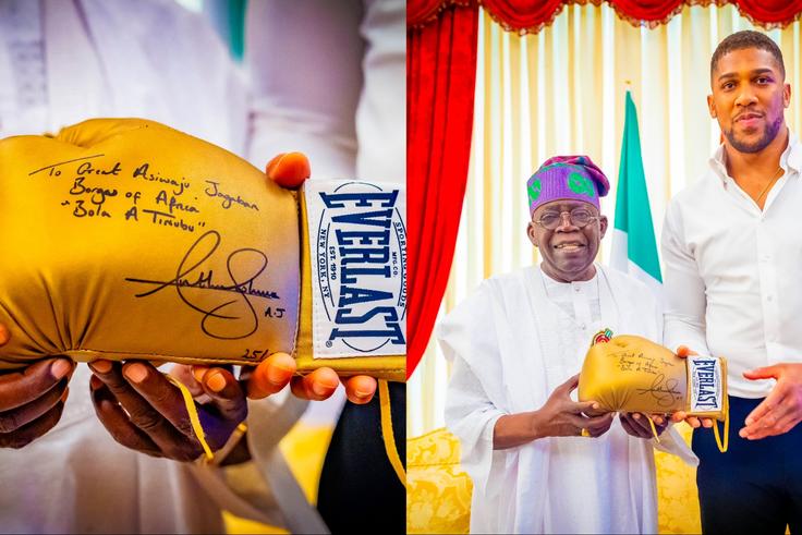 Nigerian-born boxer Anthony Joshua visits President Bola Ahmed Tinubu to gift Jagaban 'Gold' gloves.