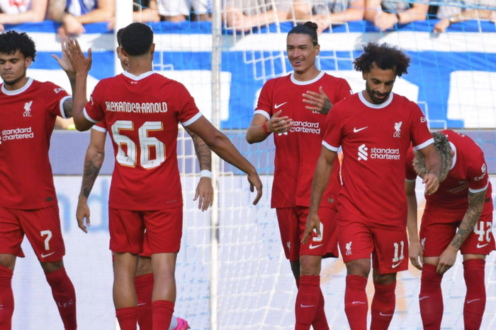 FC Liverpool emspor, v.l. Luis Diaz (FC Liverpool), Trent Alexander-Arnold (FC Liverpool), Darwin Nunez (FC Liverpool), Mohamed Mo Salah (FC Liverpool), Goal scored || Image credit: Imago