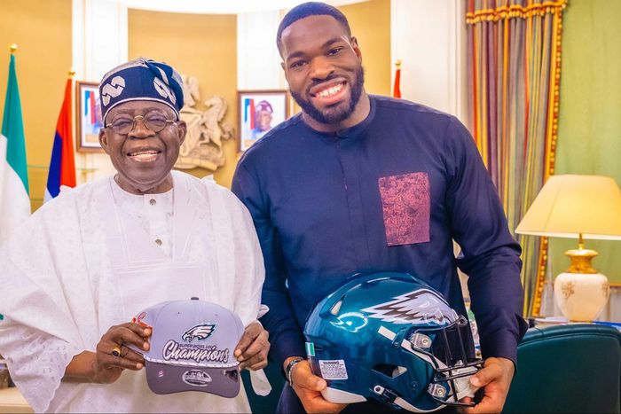 Nigerian President Bola Tinubu welcomes Philadelphia Eagles Superbowl winner Morotoluwa Ojomo at Aso Rock.