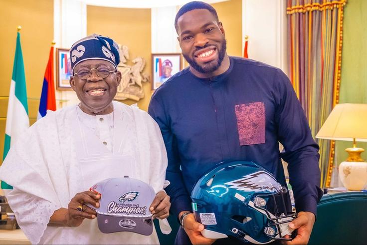 Nigerian President Bola Tinubu welcomes Philadelphia Eagles Superbowl winner Morotoluwa Ojomo at Aso Rock.