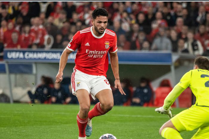 Benfica's Goncalo Ramos in action against Club Brugge's Simon Mignolet in Uefa Champions League.