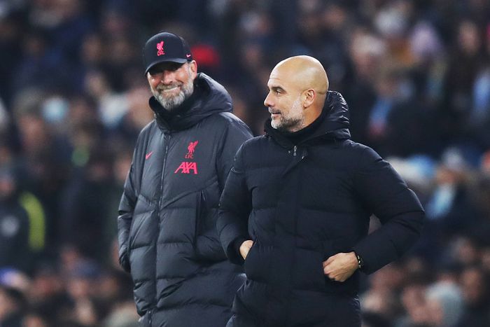 Pep Guardiola and Jurgen Klopp on the sidelines during a match