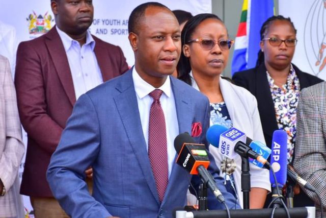 Sports Pricipal Secretary Jonathan Mueke addressing the media