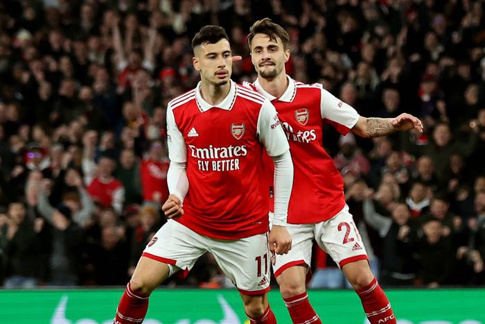 Gabriel Martinelli celebrates a goal for Arsenal.