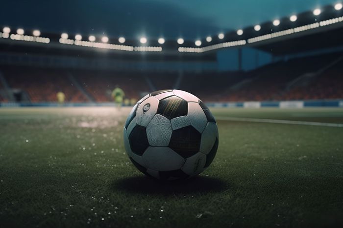 A football on a empty pitch.