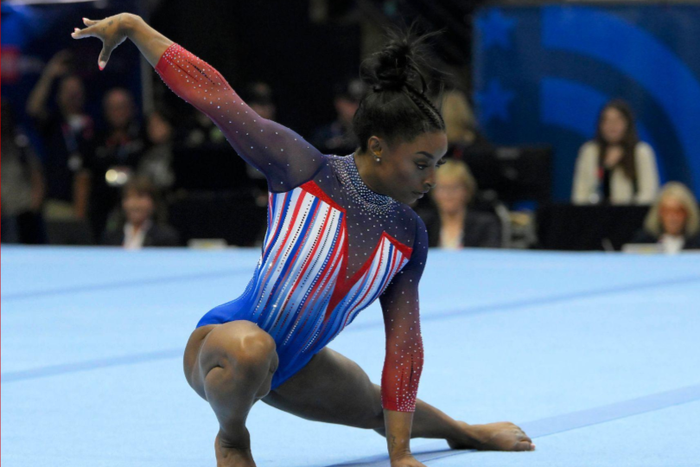 imone Biles competes on floor during the Women™s U.S. Olympic Gymnastics Team Trials on June 30, 2024, at Target Center in Minneapolis, MN. (Photo by Nick Wosika/Icon Sportswire)