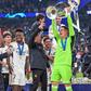 Goalkeeper Kepa Arrizabalaga (25) and the players of Real Madrid can raise the trophy as winners of the 2024 UEFA Champions League final between Borussia Dortmund and Real Madrid at Wembley in London. Copyright: xGonzalesxPhoto TommasoxFimianox