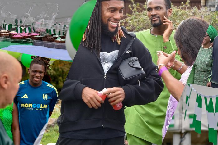 In London, Super Eagles stars Iwobi, Bassey and Chukwueze celebrate Nigerian Independence Day with cake and music.