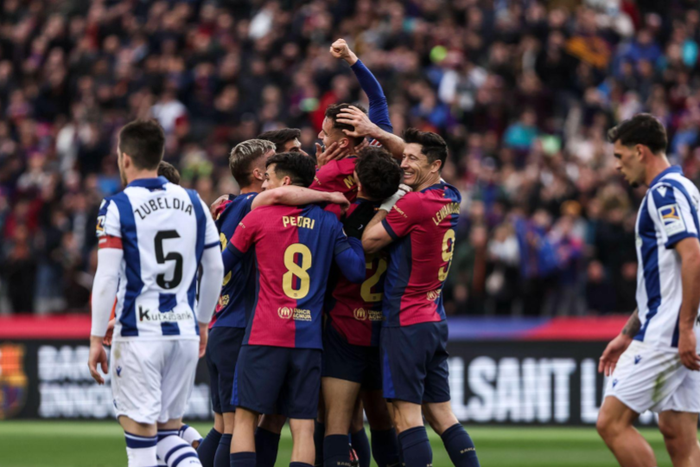 Marc Casado of FC Barcelona, Barca celebrates a goal with his teammates during the Spanish league, La Liga EA Sports, football match played between FC Barcelona and Real Sociedad at Estadi Olimpic Lluis Companys || Image credit: Imago