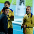 (C) Deco sporting director of Barcelona and (R) Hansi Flick head coach of Barcelona during the training prior the Spanish Super Cup final match between Real Madrid and FC Barcelona, || iMage credit: Imago