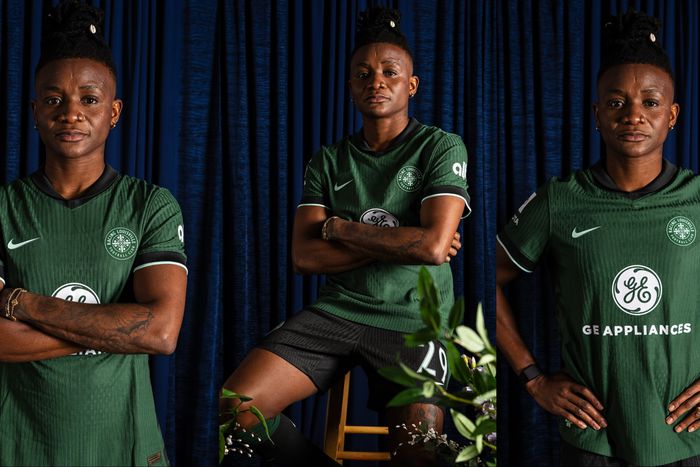 Super Falcons of Nigeria star Uchenna Kanu models a new Racing Louisville kit.