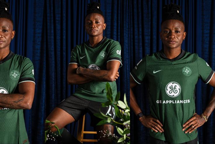 Super Falcons of Nigeria star Uchenna Kanu models a new Racing Louisville kit.