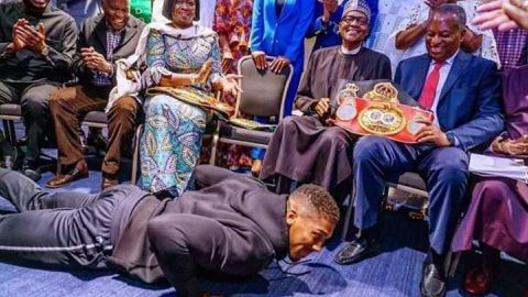 Joshua went viral when he prostrated before presenting his IBF, IBO, WBA, and WBO heavyweight titles to Buhari back in 2019.